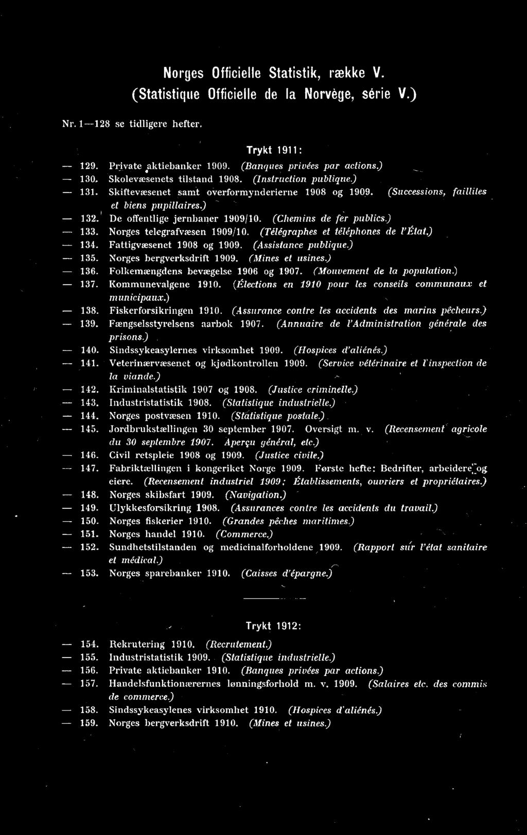 (Assurance contre les accidents des marins pêcheurs) 139. Fængselsstyrelsens aarbok 1907. (Annuaire de l'administration générale des prisons) 140. Sindssykeasylernes virksomhet. (Hospices d'aliénés.