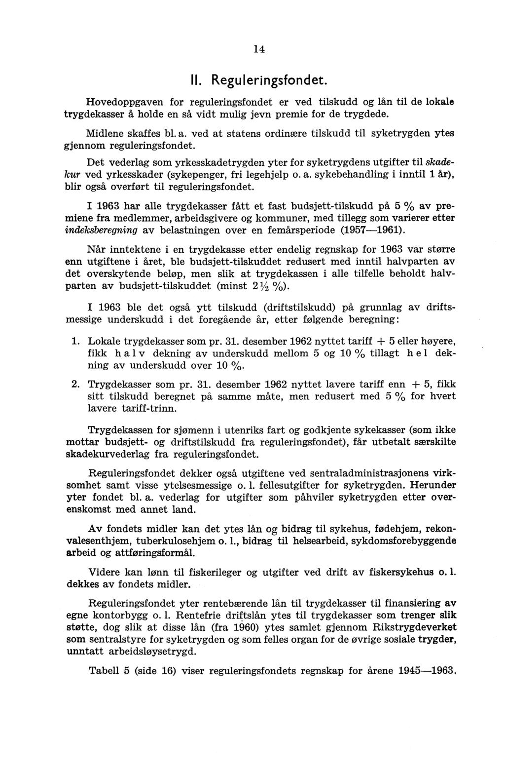 14 II. Reguleringsfondet. Hovedoppgaven for reguleringsfondet er ved tilskudd og lån til de lokale trygdekasser å holde en så vidt mulig jevn premie for de trygdede. Midlene skaffes bl. a.