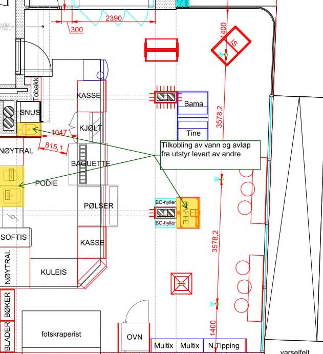 Kaffemaskin: KV og Spv Alle utstyr tilkobles eksisterende røranlegg i kjeller. Grensesnitt mot innredningsleverandør er overkant gulv i kiosk. 31.