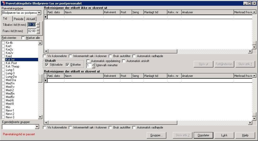 Gjør følgende for å få frem riktig utvalg av pasienter: Prøvetakingstype: Velg aktuell
