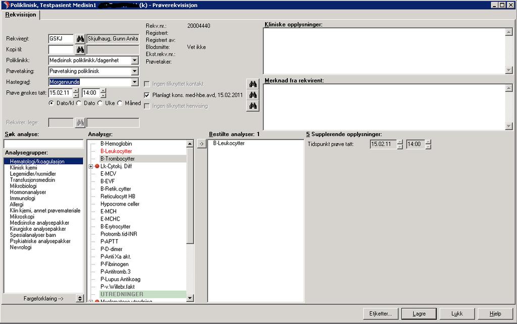 1.2 Polikliniske pasienter Aktiver ønsket pasient via pasientsøk, klikk (F11). Klikk (Ctrl+L) for å åpne til Labsvar bildet og Alt+N for å åpne bildet Prøverekvisisjon.