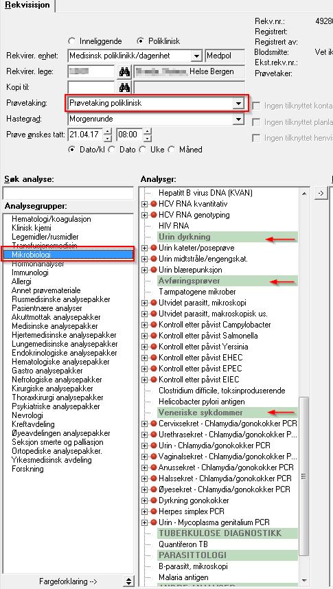 rubrikk for Analyser, men her er det flere analyser tilgjengelig for rekvirering, og man må scrolle seg ned til oversikriften «Veneriske sykdommer»: For mer