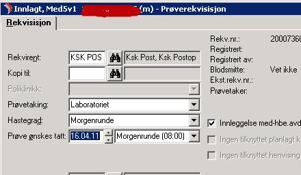 Når en pasient ligger på en teknisk post, for eksempel postoperativ, og personalet på moderposten skal rekvirere laboratorieprøver, så vil feltet Rekvirent være preutfylt med den tekniske postens