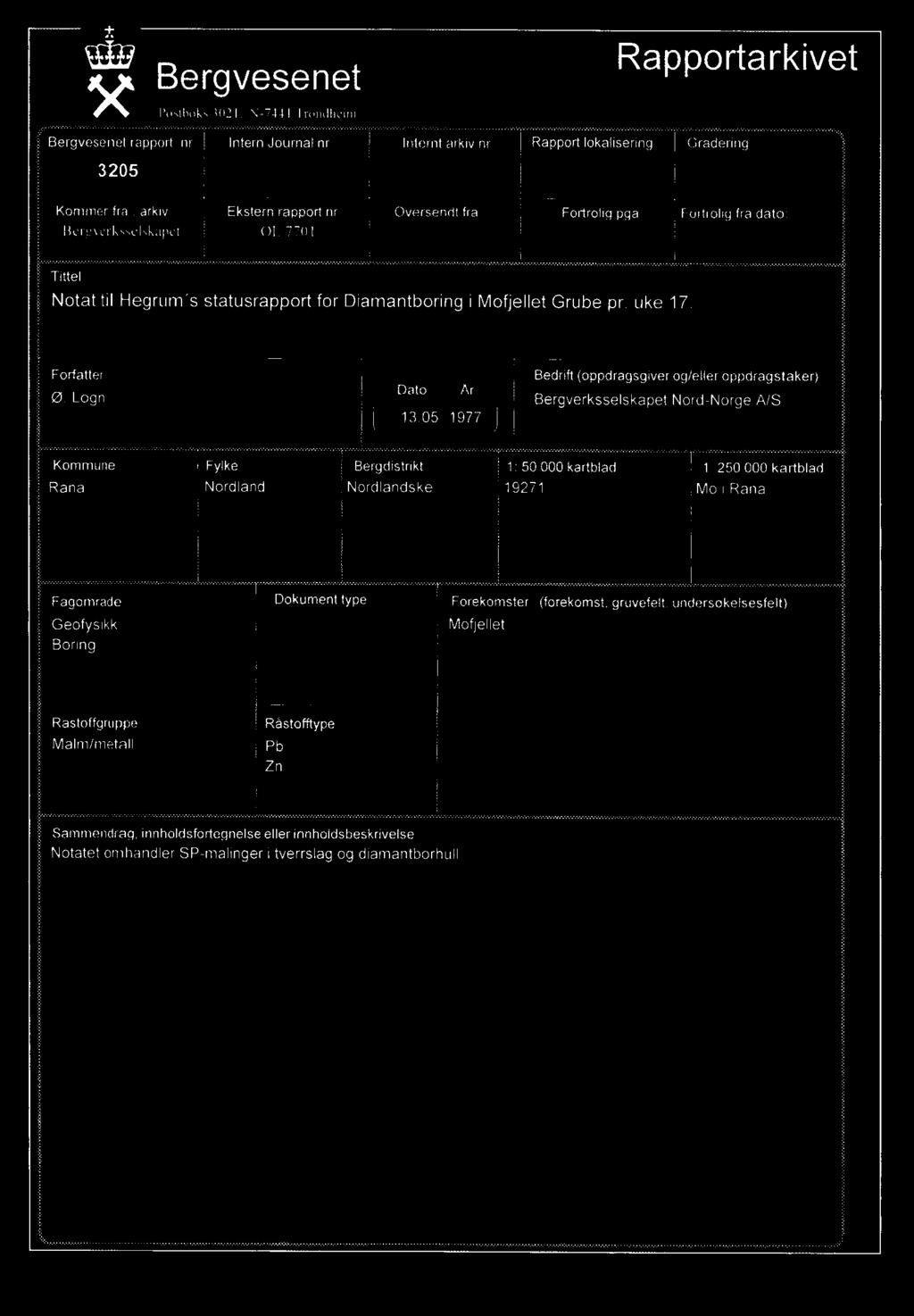 A/S Kommune Rana Fylke Bergdistrikt 1: 50 000 kartblad Nordland Nordlandske i 19271 1: 250 000 kartblad Mo Rana : gfagområde Geofysikk Boring