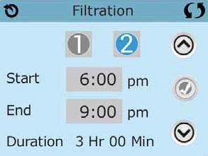 Filtration/ Justering av filtreringssyklus Hovedfiltrering - syklus 1 På samme måte som du stiller klokken, kan filtreringssyklusene settes ved å angi starttid, samt hvor lenge de skal vare.
