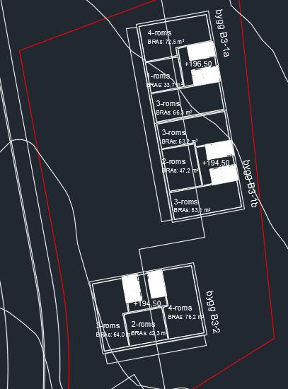 4.7 Felt B3 Felt B3 består av 7 1-roms-, 4 2-roms-, 15 3-roms- og 9 4-romsleiligheter fordelt på to blokker. Plantegninger for plan 2 er vist i Figur 11.