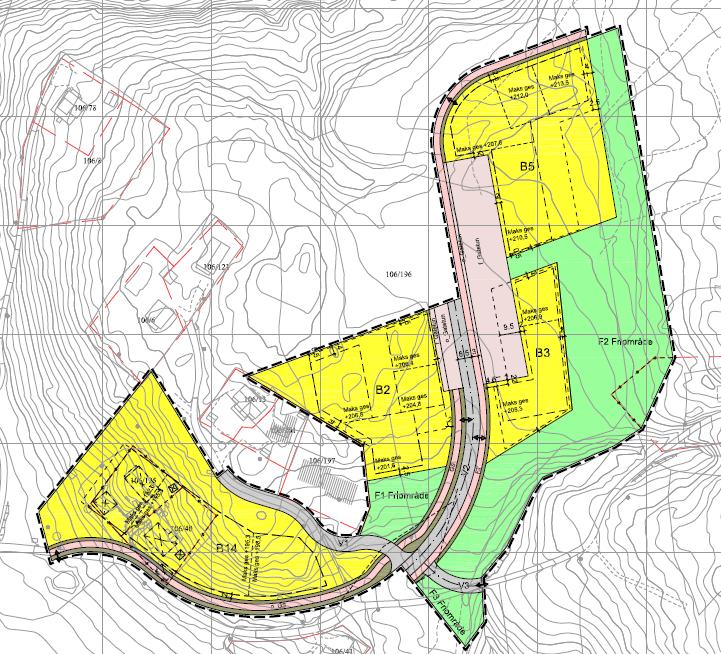 Figur 2 Reguleringskart, feltene B2, B3, B5 og B14 markert med gult. 2.1 Lørenskog Vinterpark Det skal bygges en skihall nordvest for stasjonsbyen.