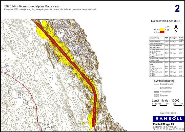 Støykart 2: Trafikkprognose 2028, detalj området mellom Austmarka og Solstrand, beregningshøyde