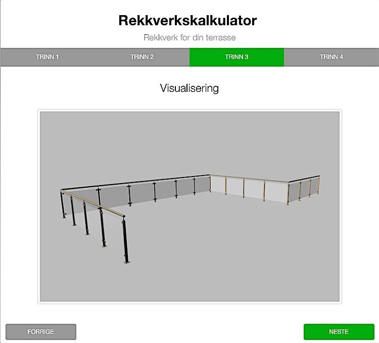 no og velg ønsket rekkverkstype 2. Velg antall rekkverksider du ønsker å bygge, og trykk neste. Her må det oppgis lengdene i millimeter til hver av sidene 3.