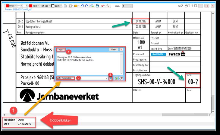 (Kan også benytte Dobbeltklikk på raden for å slå den av/på). Det er også mulighet for å generere en listevisning fra dokumentplanen, hvor avvikene er hentet ut (grønn pil).