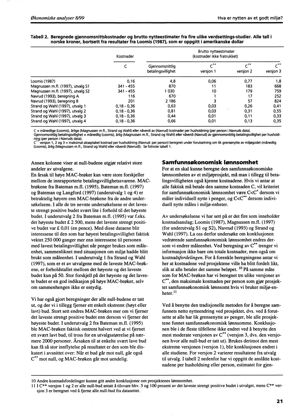 Hva er nytten av et godt miljø? Tabell 2. Beregnede gjennomsnittskostnader og brutto nytteestimater fra fire ulike verdsettings-studier.