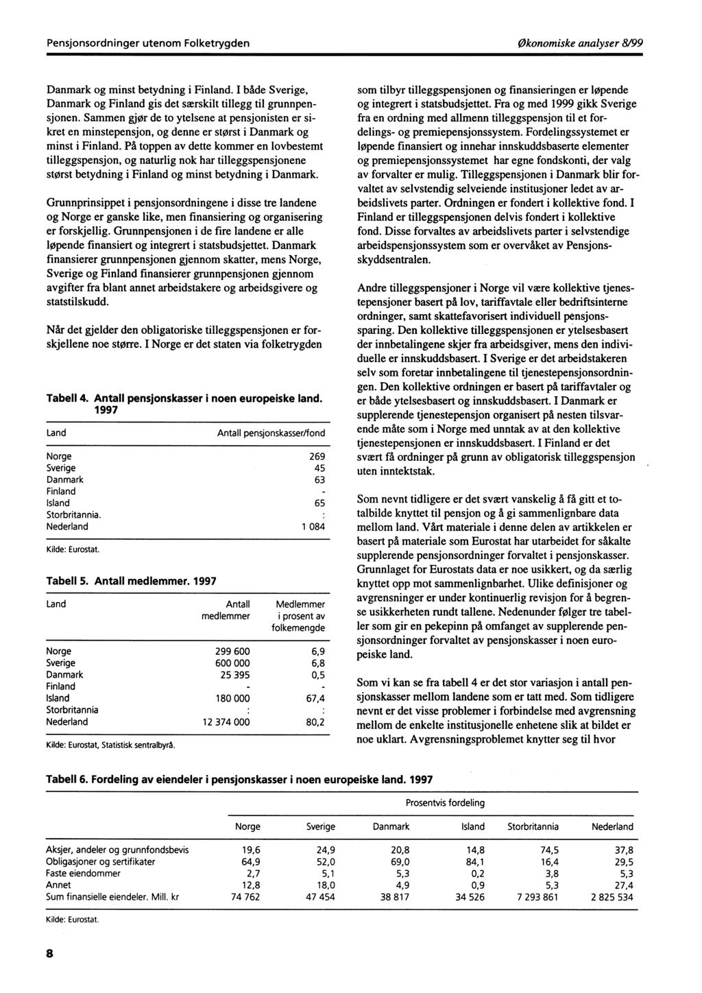 Pensjonsordninger utenom FolketrygdenØkonomiske analyser 8/99 Danmark og minst betydning i Finland. I både Sverige, Danmark og Finland gis det særskilt tillegg til grunnpensjonen.