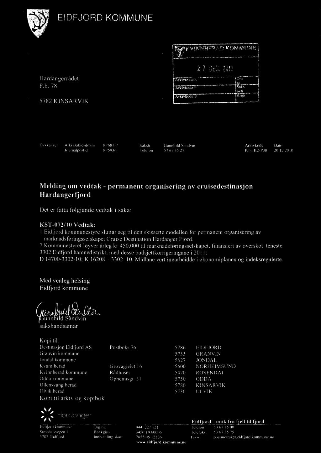 000 til marknadsføringsselskapet, finansiert av overskot teneste 3302 Eidfjord hamnedistrikt, med desse budsjettkorrigeringane i 2011: D 14700-3302-10; K 16208-3302-10.