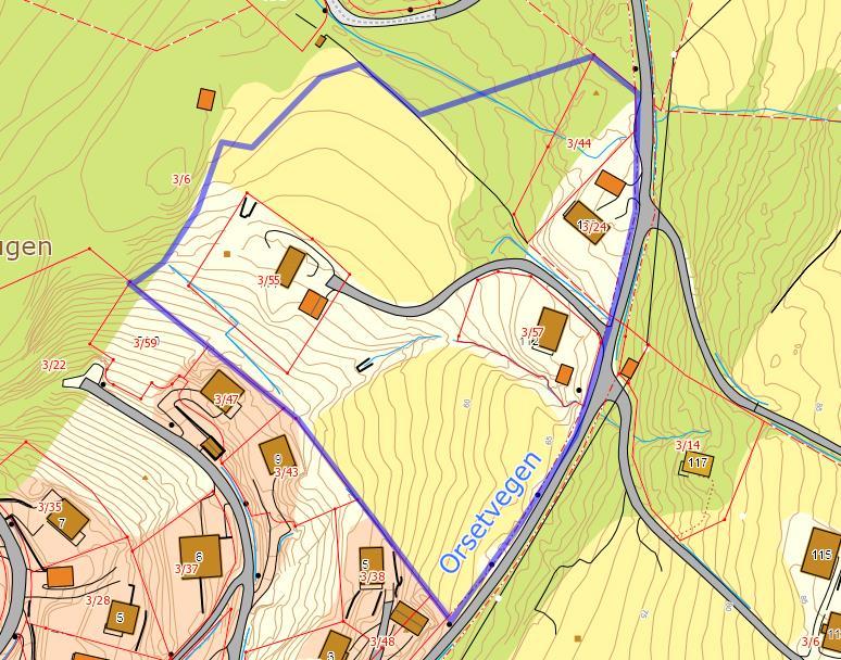 B-4 Innspill fra: Norconsult - Torvikbukt grendeutvalg. Område: Orset gnr 3 bnr 6, ca. 16 dekar LNF, tre bebygde tomter. Foreslått formål: Boliger, dagens formål: LNF.