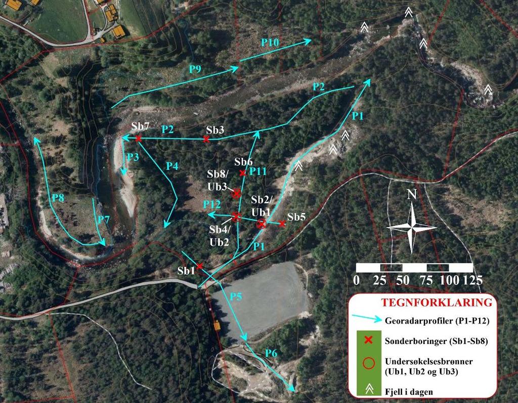 2 Georadarmålinger og sonderboringer Plassering av georadarprofiler P1 til P12 samt alle boringer er vist i