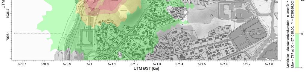 INGEN FARGE = SVÆRT LITEN RISIKO (<0,01 %). Figur 7. Nå situasjon. Beregnet risiko for timer med fornembar lukt (timemiddel > 0,35 oue/m3).