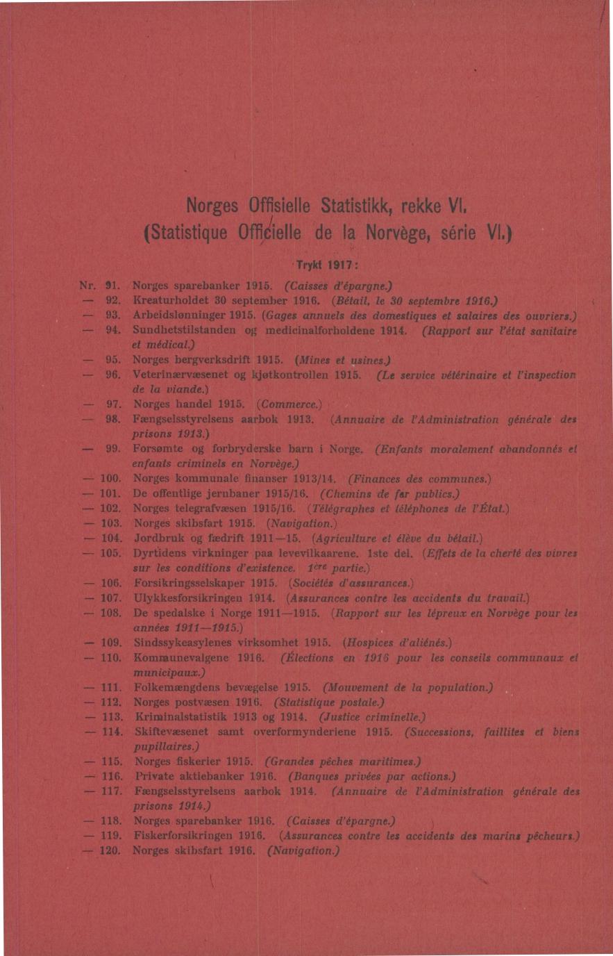 Norges Offisielle Statistikk, rekke VI, (Statistique Of0elle de la Norvège, série VI.) Trykt : Nr. -. Norges sparebanker. (Caisses d'épargne). Kreaturholdet 0 september. (Befall, le 0 septembre.). Arbeidslonninger.