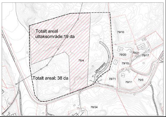 3. Avgrensing av planområdet Planområdet er avgrensa til å omfatte eit samla areal på 38 daa. Dette er eit dobbelt så stort område enn det som er satt av til råstoffutvinning i kommuneplanen(19 daa).