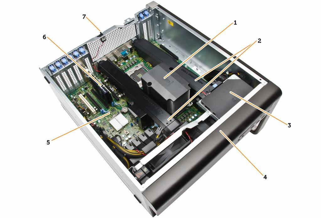 Figur 2. Innsiden av datamaskinen T7910 1. prosessorvaremeavleder med integrert vifte 2.