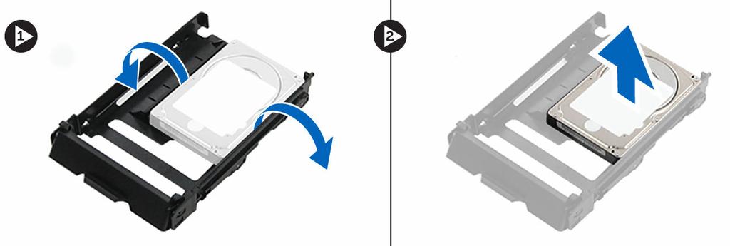 Sette inn harddisken 1. Hvis en harddisk på 2,5" eller 3,5" er monteret, må du plassere harddisken på harddiskrammen og trykke den på plass. 2. Bøy harddiskbraketten og sett harddisken inn i braketten.