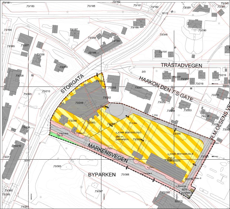 Det aktuelle planområdet er vist på planskisse under. Kart 1. Reguleringsplan Eksisterende bygg på 73/249 vil bli en del av den nye planen.