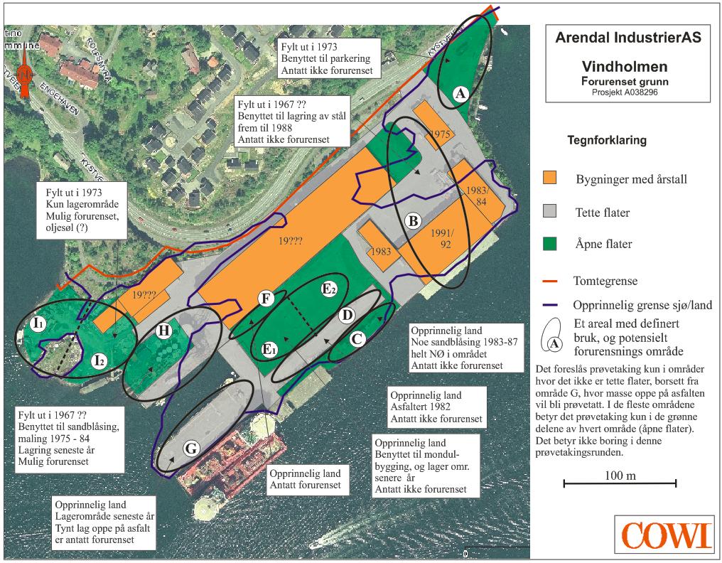 10 ARENDAL INDUSTRIER AS Figur 2: Kart over Vindholmen. Områder med tette og åpne flater er vist sammen med inndelingen av de ulike områdene med ulike aktiviteter og forurensingspotensial.