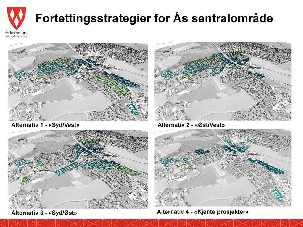 Jo mørkere farge, jo høyere tetthet Alternativ 1: Legger opp til en utvikling langs Brekkeveien via sentrum til Høgskoleveien og universitetsområdet.