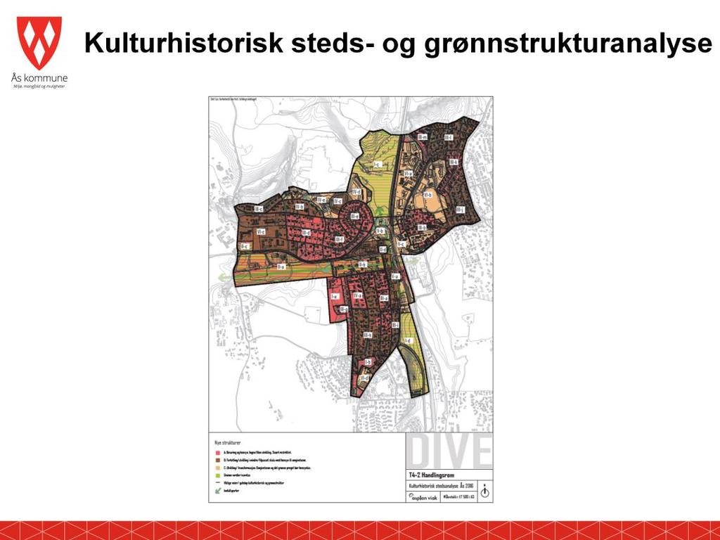 Dette kartet viser resultatet av analysen og viser hvilke områder som er sårbare for endringer ut i fra kulturhistoriske verdier og grøntstrukturverdier.