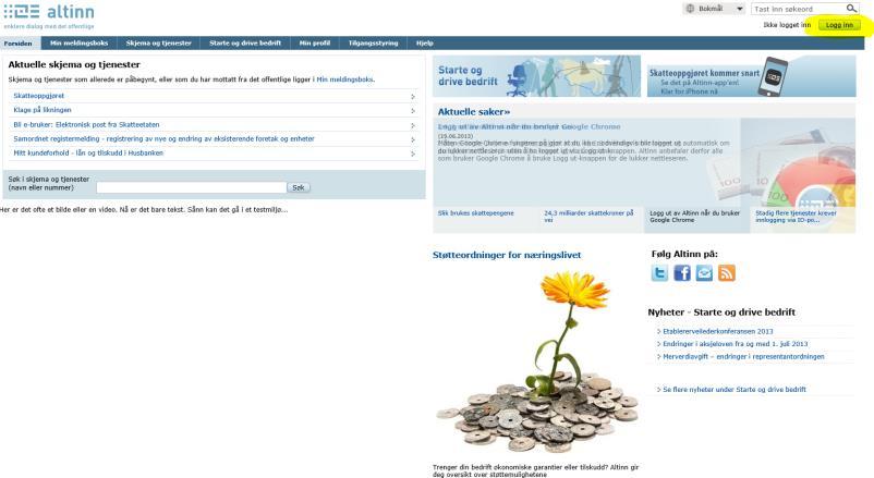 Altinn guide Gå til www.altinn.no Klikk på «Logg inn» øverst i høyre hjørne.