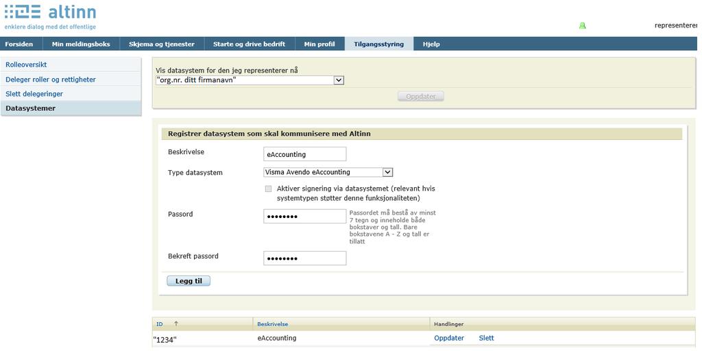 Dersom du ikke har noe Datasystem ID under så må du følge stegene under og opprette dette.