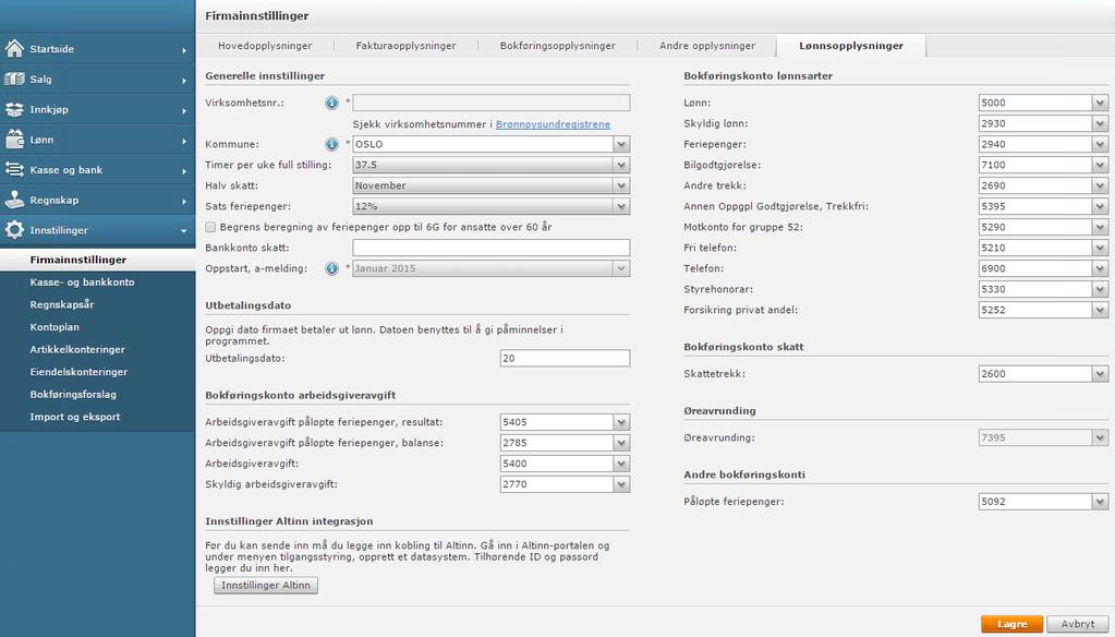 Innstillinger Før du kan ta i bruk Lønnsslipp må du sette opp innstillingene. Gå til Innstillinger Firmainnstillinger og du vil der se du har fått en ny fane til høyre som heter «Lønnsopplysninger».