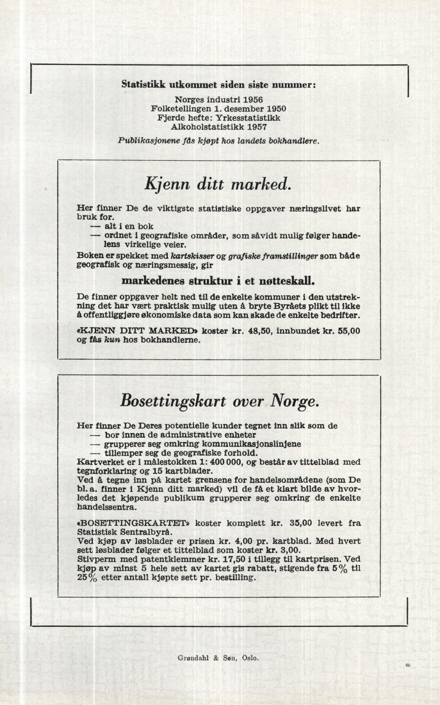 Statistikk utkommet siden siste nummer: Norges industri 1956 Folketellingen 1. desember 1950 Fjerde hefte: Yrkesstatistikk Alkoholstatistikk 1957 Publikasjonene fds kjøpt hos landets bokhandlere.