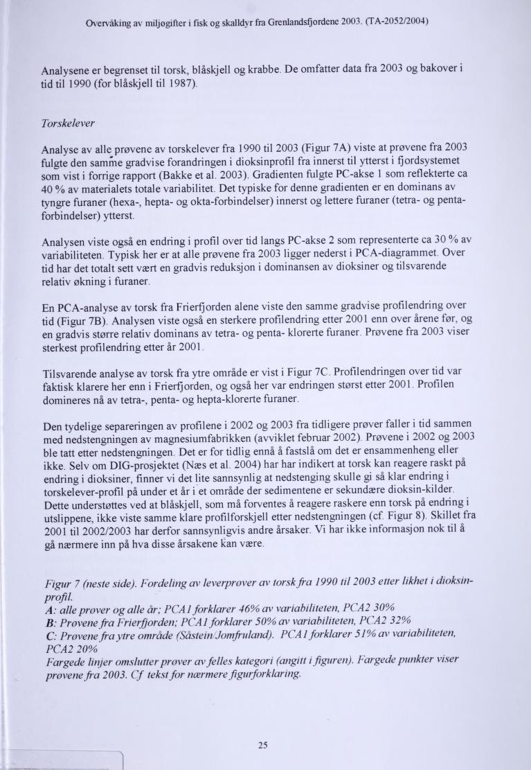 Overvaking av miljøgifter i fisk og skalldyr fra Grenlandsfjordene 2003. (TA-2052/2004) Analysene er begrenset til torsk, blåskjell og krabbe.