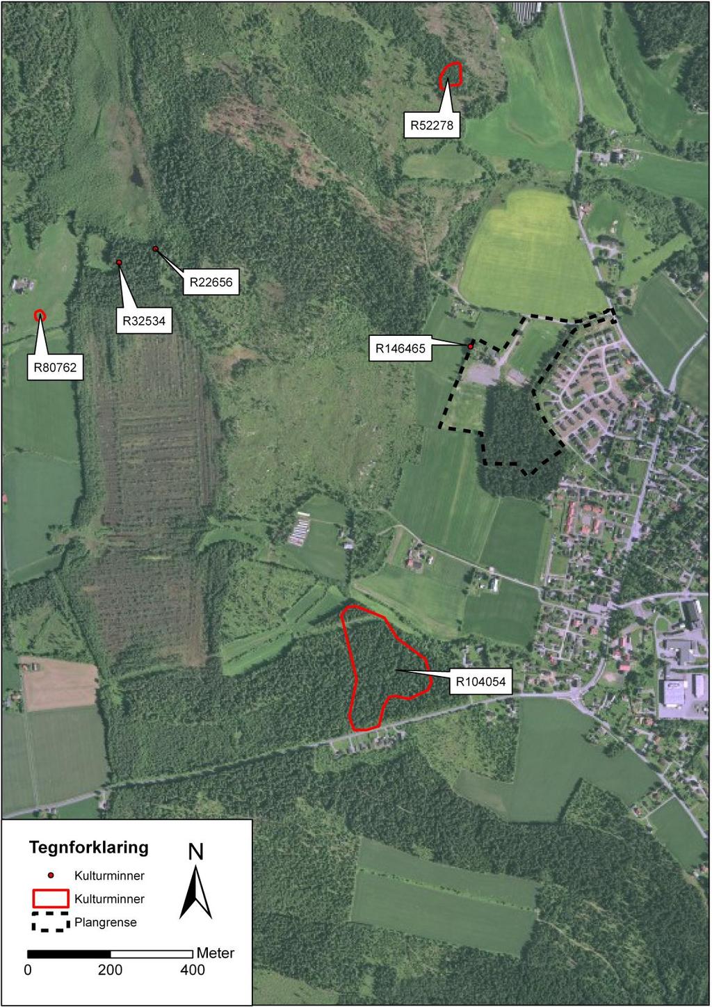 Kart 1: Satellittbilde med plangrense samt nye og tidligere registrerte