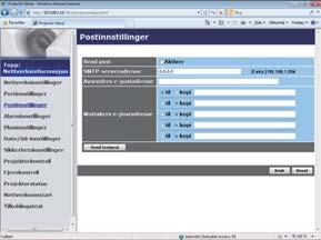 3. Webkontroll 3.1 Webkontroll projektor (fortsatt) 3.1.5 Postinnstillinger Viser og konfigurerer e-post adresseinnstillinger.