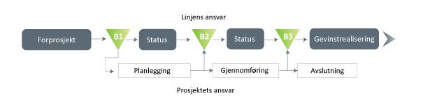 Prosjektets Fasemodell og Ansvarsfordeling Linjens ansvar: Effektmål (sammenheng med virksomhetsmål) Iverksetting av riktige prosjekter Ressurstilgang Faglig kvalitet på utførelse av arbeid