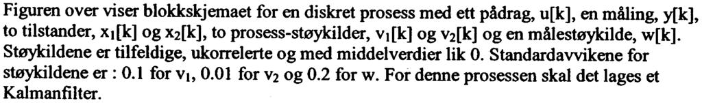 Oppgave 4 (20%) Figuren over viser blokkskjemaet for en diskret prosess med ett pådrag, u[k], en måling, y(k], to tilstander, xl[k] og x2[k], to prosess-støykilder, VI [k] og v2[k] og en