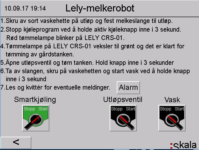 I hovedmenyen aktiveres "Tømming tank" Man kommer automatisk til riktig tømmerutine ut fra hvilken type (robot) som er