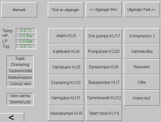 IO testing (inn og utganger) Fra hovedmenyen aktiveres "IO testing". NB!