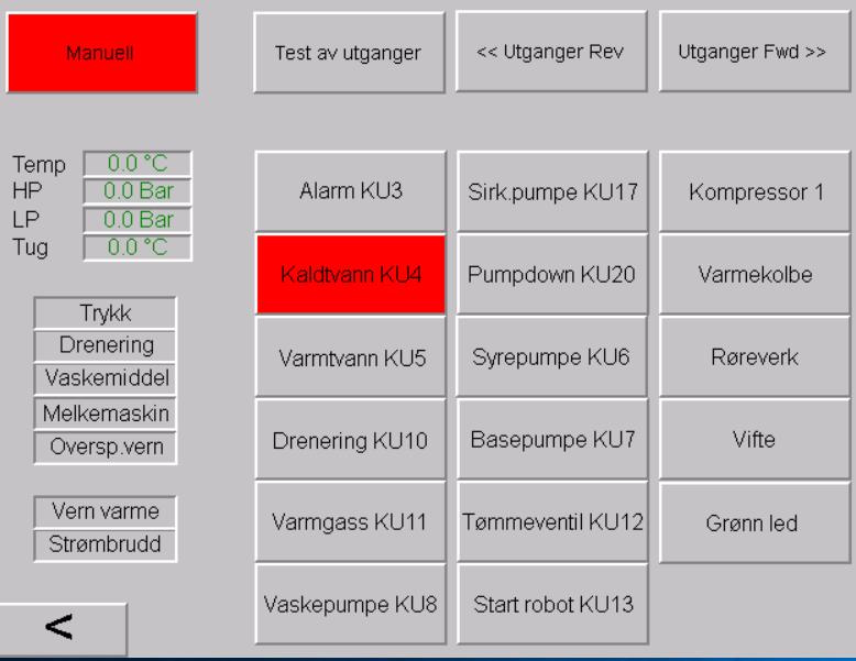 Manuel test av utganger Når manuell er aktivert står de valgte utgangene på så lenge manuell er aktiv.