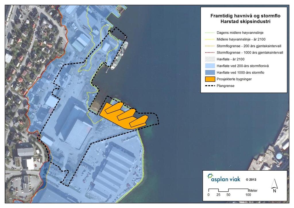 3 HAVNIVÅSTIGNING VED HARSTAD SKIPSINDUSTRI Figur 1 Framtidig havnivå og stormflo: Harstad skipsindustri Figur 1 er modellering av havnivåstigning som illustrerer konsekvens i de ulike scenario nivå,