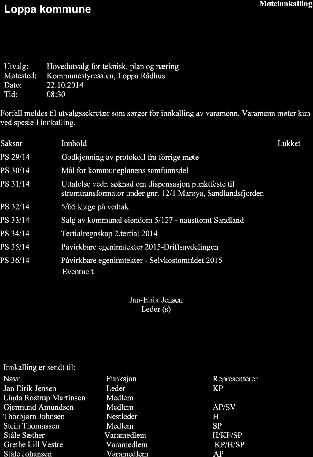 Loppa kommune Møteinnkalling Utvalg: Møtested: Dato: Tid: Hovedutvalg for teknisk, plan og næring Kommunestyresalen, Loppa Rådhus 22.1.
