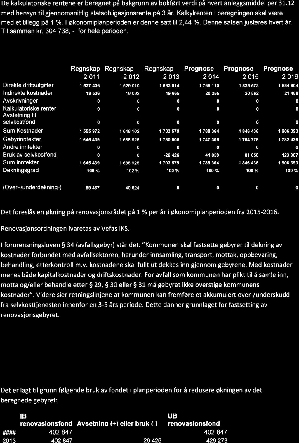 Beregningsgrunnlag for renovasion Direkte drifrsutgifter lndirekte kostnader Avskrivninger Kalkulatoriske renter Avstetning til selvkostfond Regnskap 2 11 I 537 436 r8 536 Regnskap 212 1 629 1 19 92