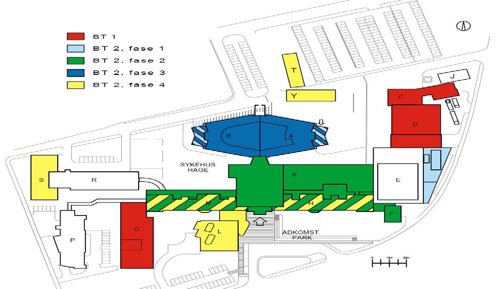 Nordlandssykehuset somatikk Bodø, byggetrinn 2 Anm.: G-fløyen er underetasjen/tomten til K-fløyen. Disse er begge revet for å gi plass til nye K. G-fløyen eksisterer derfor ikke lengre. Faseinndeling.