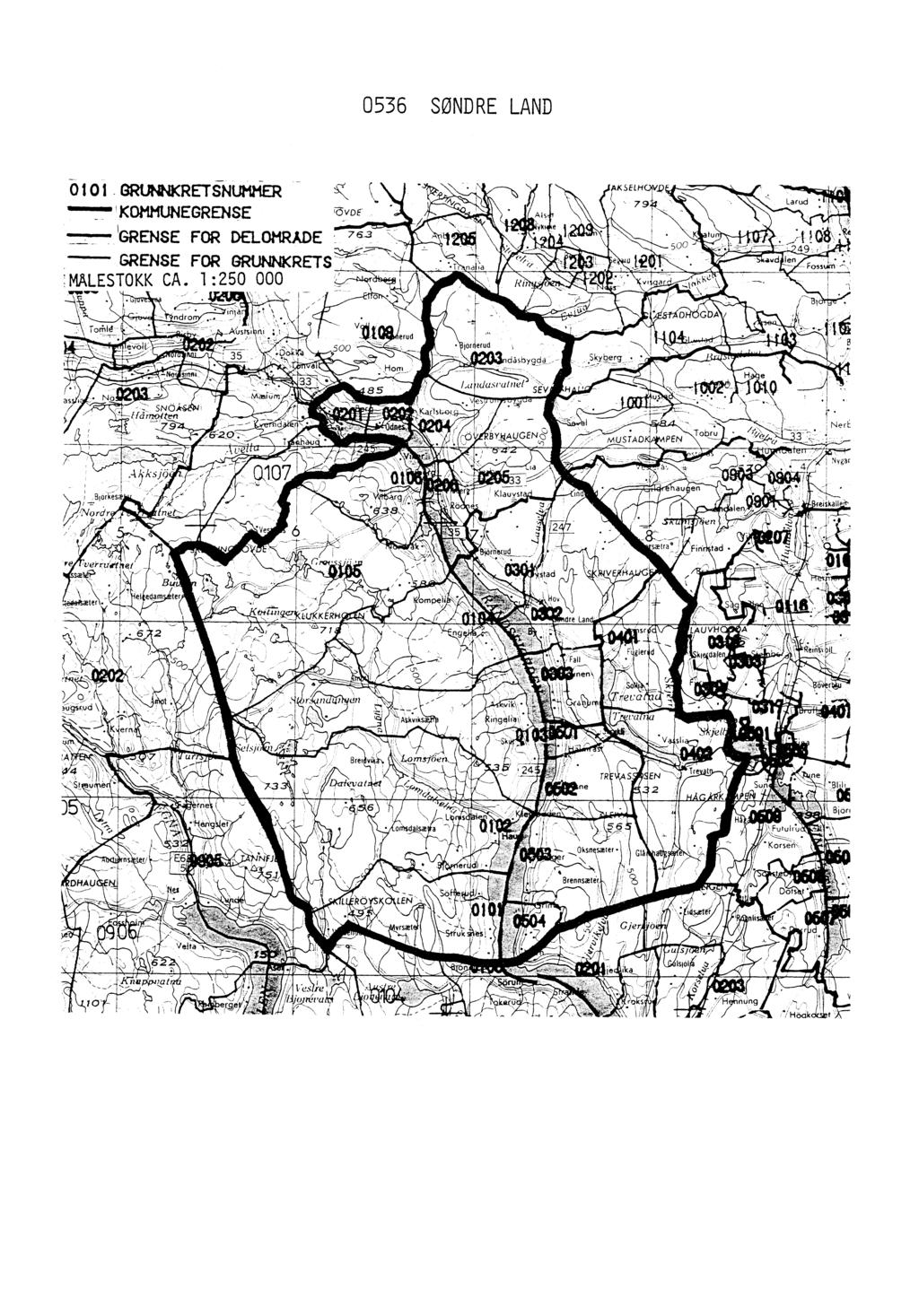 0536 SØNDRE LAND oloi GRUNNKRET 'NUMMER 'KOMMUNEGRENSE GRENSE FOR DELOMRÅDE 76-3 AK SELHOMQ 79' Larüd GRENSE FOR GRUNNKRETS