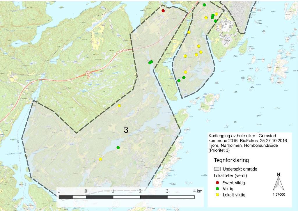 Figur 8: Oversikt over kartlagte lokaliteter med tilhørende verdi i området Tjore,