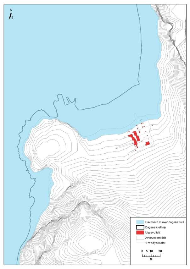 Figur 7: Kart med den undersøkte lokaliteten og havnivå 6 meter over dagens markert.