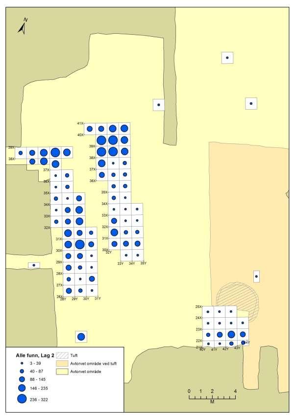 Figur 27: Spredningskart Lag 2, alle funn.