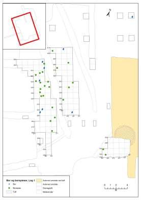 Figur 40: Kart som viser spredning av borspisser i lag 1 og 2. Illustrasjon: Gjermund Steinskog. Kartgrunnlag: Statens kartverk. Tillatelsesnummer NR12000-150408SAS.