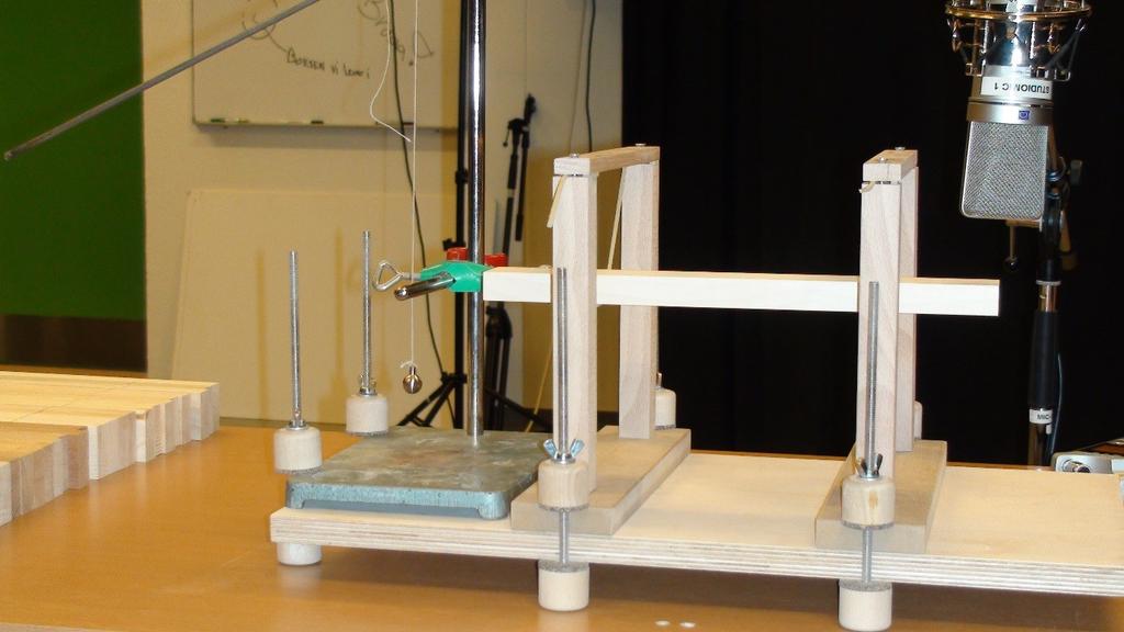 Figur 3: Testjigg med oppheng av trekloss, metallkule og mikrofon.